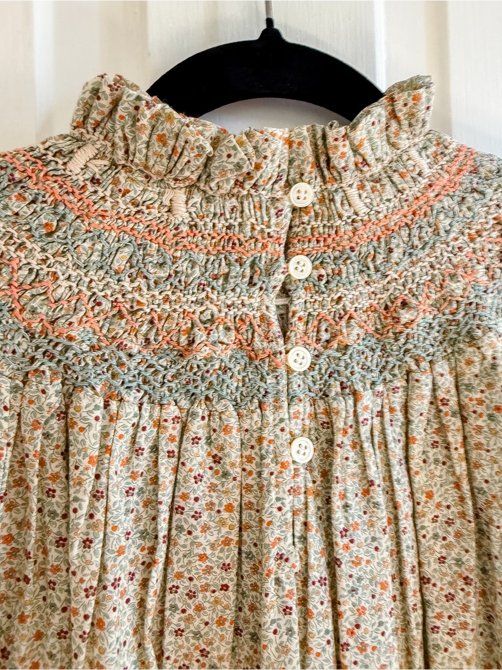 Doen Smocked Floral Blouse in Cream with Pink and Green Accents - Picture 8 of 9